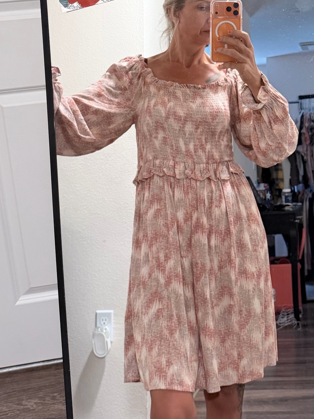 ODDY Pink and Cream Smocked Long-Sleeve Mini Dress